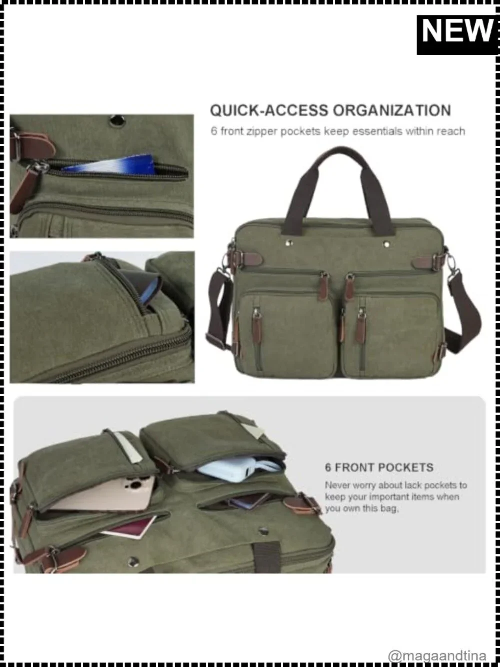 3-in-1 Convertible Canvas Messenger Bag 17.3 inch Laptop Briefcase Backpack